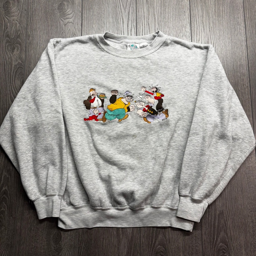 Vintage Blitzz Studios Popeye and Friends Large Embroidered Gray Sweatshirt Mens